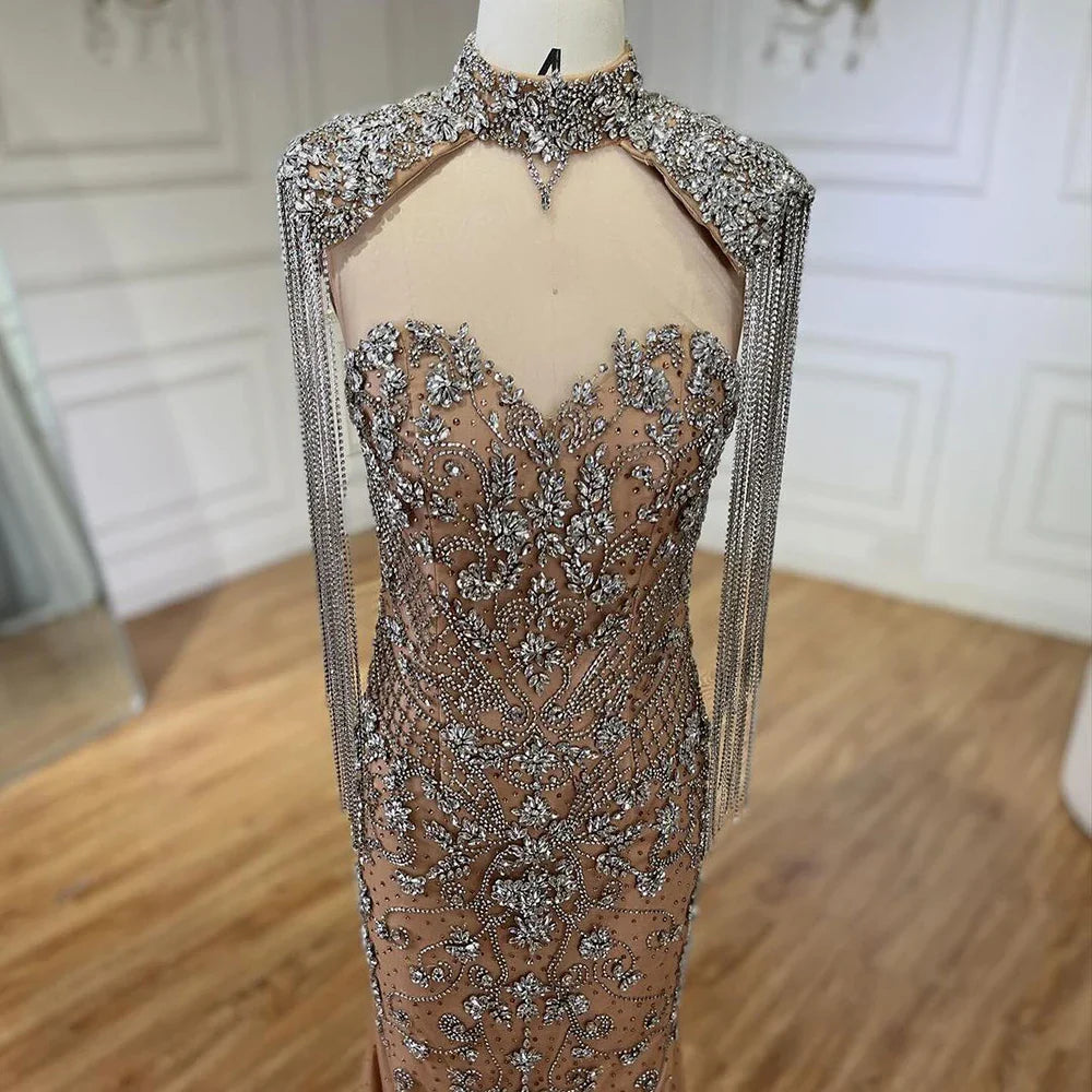 Vestidos de noche de lujo estilo sirena con borlas y cuentas color caramelo árabe para mujer, vestidos de boda estilo Dubái 2025 LA72237A 