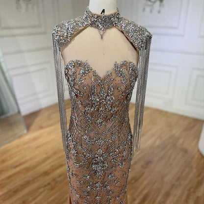 Vestidos de noche de lujo estilo sirena con borlas y cuentas color caramelo árabe para mujer, vestidos de boda estilo Dubái 2025 LA72237A 