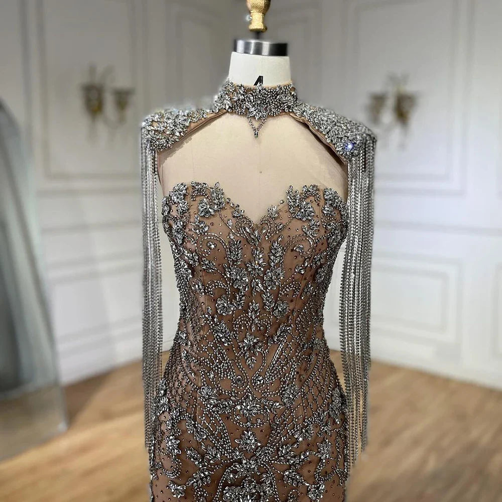 Vestidos de noche de lujo estilo sirena con borlas y cuentas color caramelo árabe para mujer, vestidos de boda estilo Dubái 2025 LA72237A 