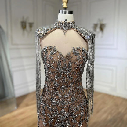 Vestidos de noche de lujo estilo sirena con borlas y cuentas color caramelo árabe para mujer, vestidos de boda estilo Dubái 2025 LA72237A 