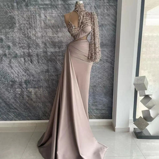 Vestido de noche elegante de sirena con un hombro al descubierto y cuentas, de satén color caramelo árabe, para mujer, para fiesta de boda, LA71936