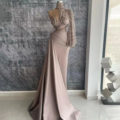 Vestido de noche elegante de sirena con un hombro al descubierto y cuentas, de satén color caramelo árabe, para mujer, para fiesta de boda, LA71936