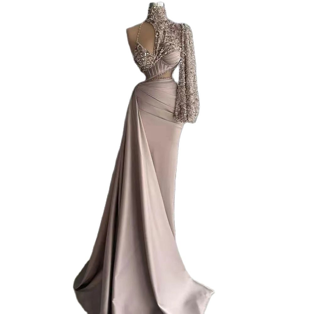 Vestido de noche elegante de sirena con un hombro al descubierto y cuentas, de satén color caramelo árabe, para mujer, para fiesta de boda, LA71936