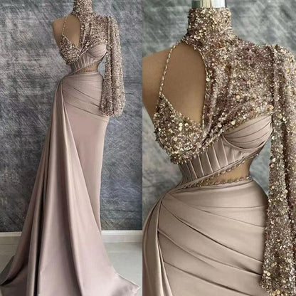 Vestido de noche elegante de sirena con un hombro al descubierto y cuentas, de satén color caramelo árabe, para mujer, para fiesta de boda, LA71936
