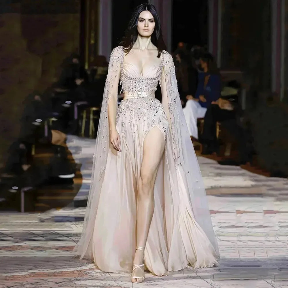 Arabic Champagne Dubai Evening Dresses Luxury Celebrity Beaded Tassel High Split Women Wedding Party Dress LA72390