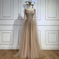 Arabic Champagne Dubai Evening Dresses Luxury Celebrity Beaded Tassel High Split Women Wedding Party Dress LA72390
