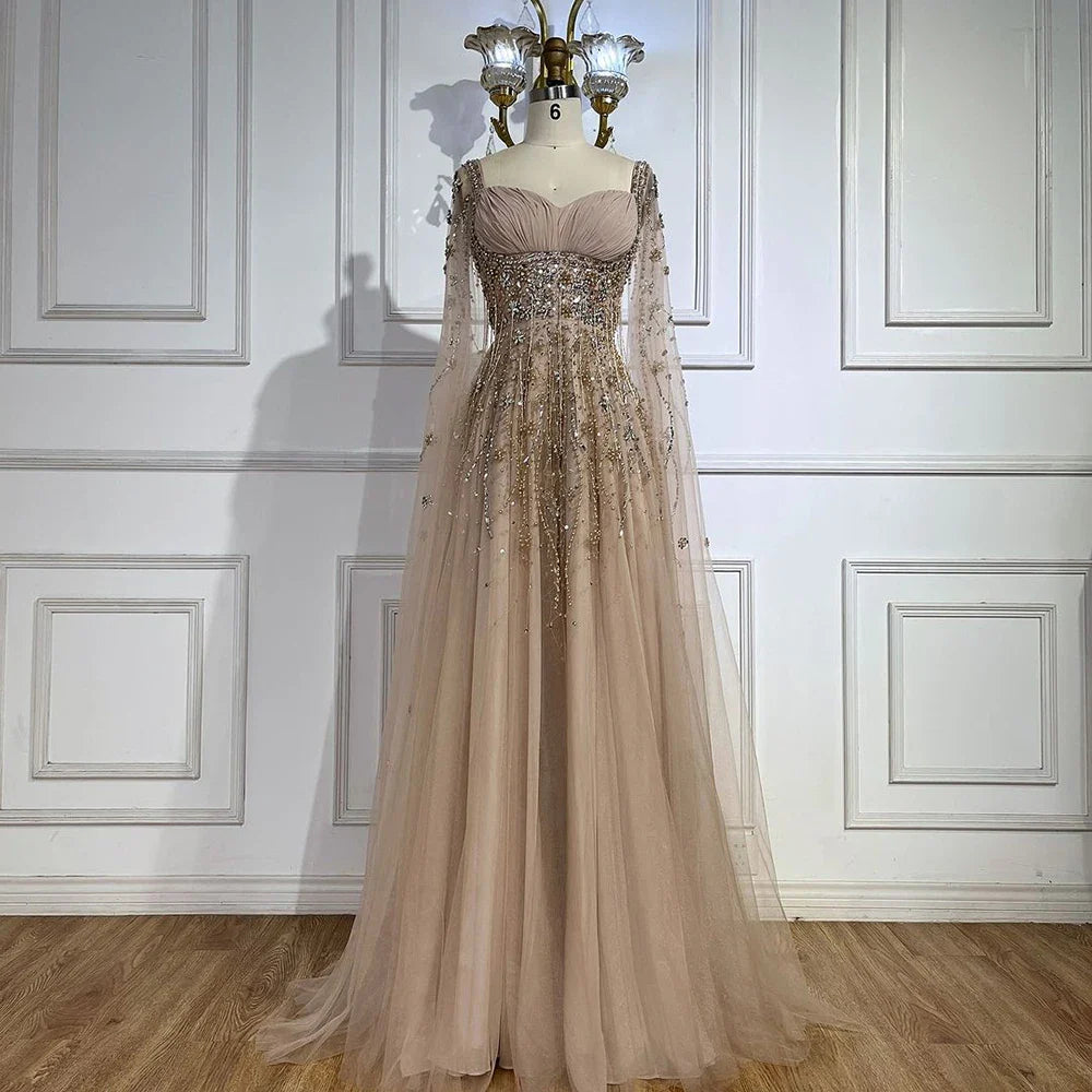 Arabic Champagne Dubai Evening Dresses Luxury Celebrity Beaded Tassel High Split Women Wedding Party Dress LA72390