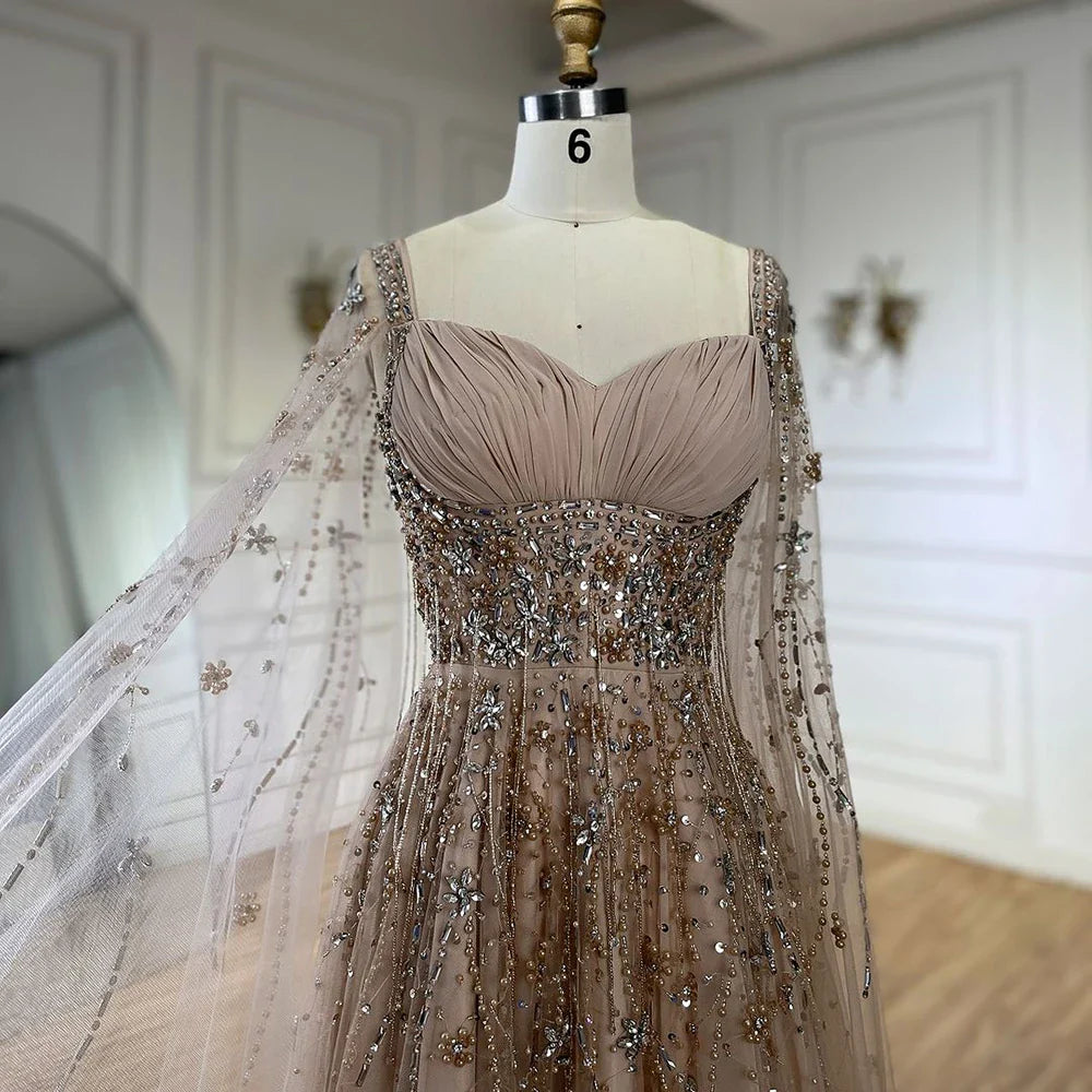 Arabic Champagne Dubai Evening Dresses Luxury Celebrity Beaded Tassel High Split Women Wedding Party Dress LA72390