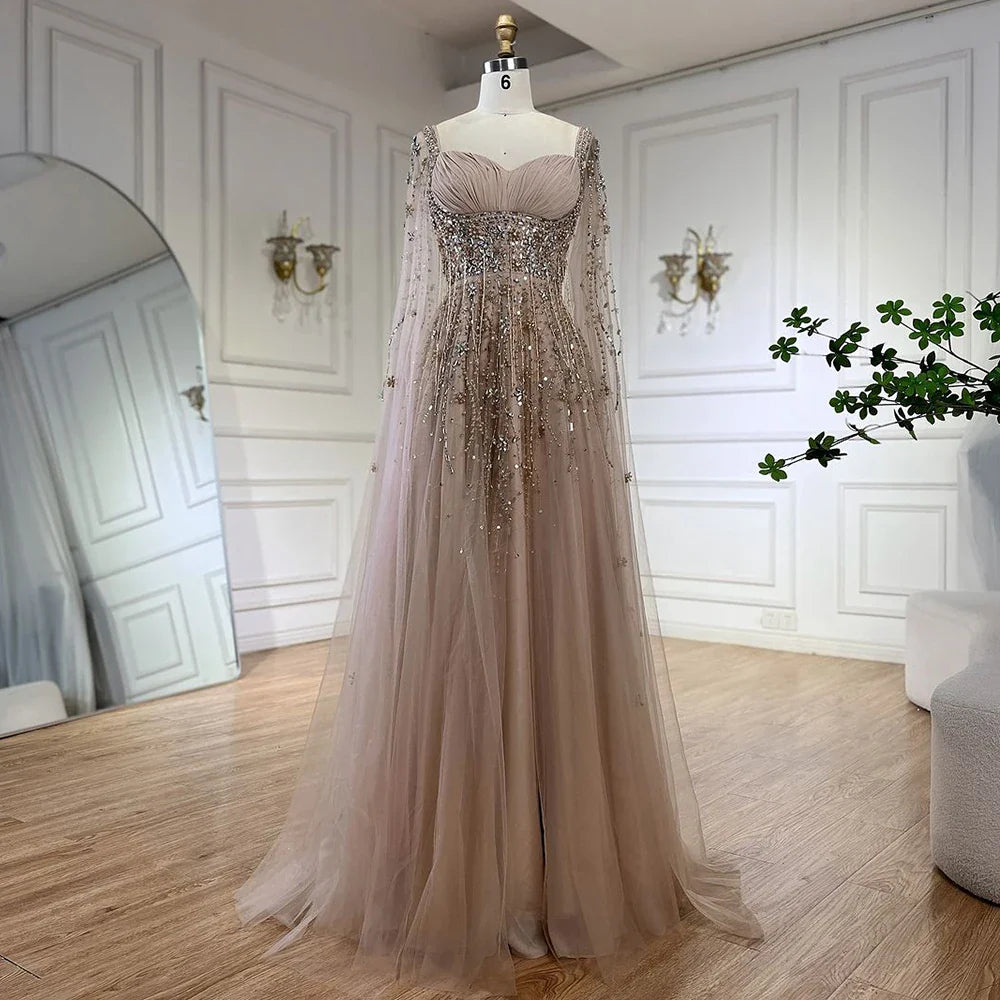 Arabic Champagne Dubai Evening Dresses Luxury Celebrity Beaded Tassel High Split Women Wedding Party Dress LA72390