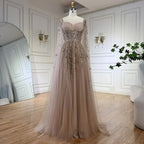 Arabic Champagne Dubai Evening Dresses Luxury Celebrity Beaded Tassel High Split Women Wedding Party Dress LA72390