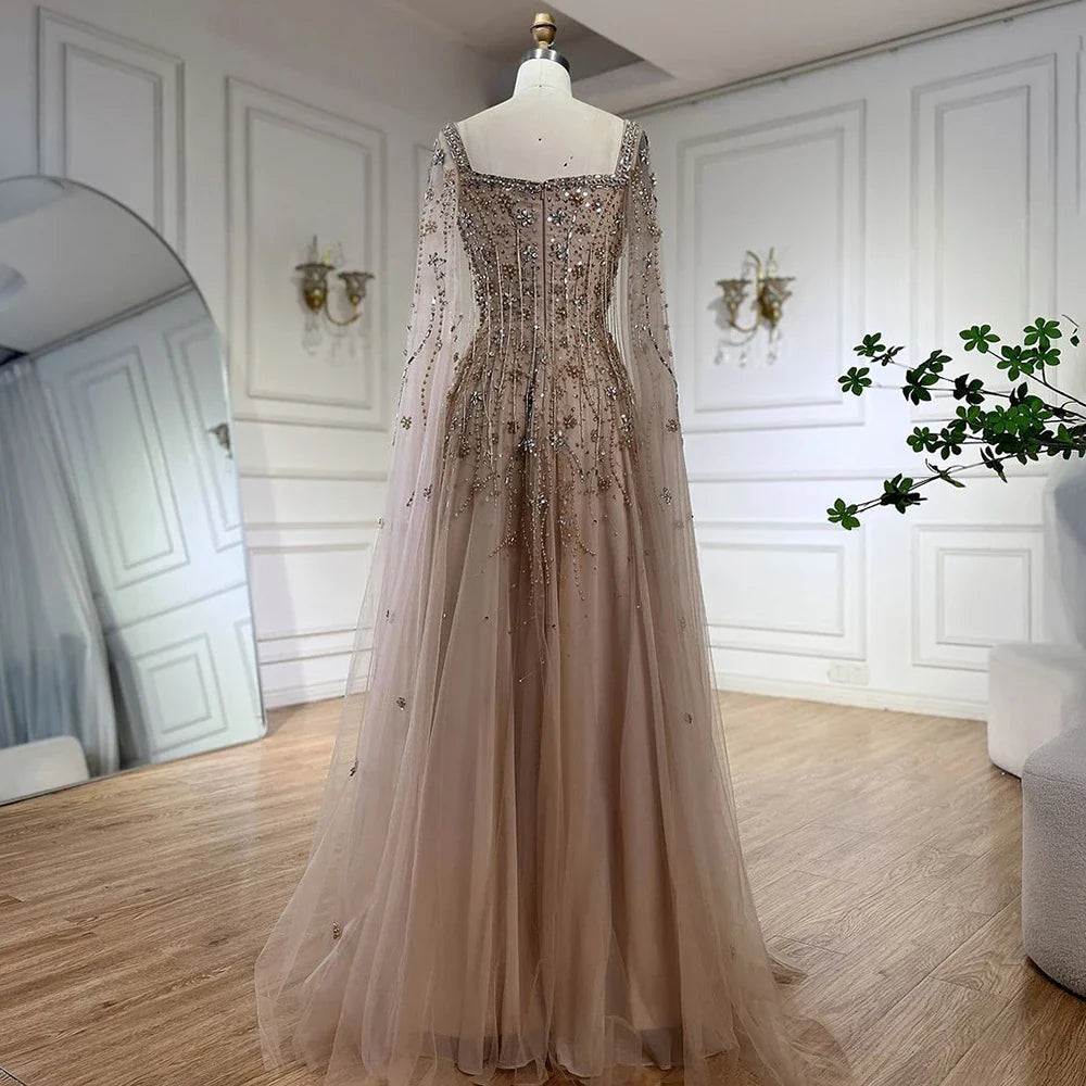 Arabic Champagne Dubai Evening Dresses Luxury Celebrity Beaded Tassel High Split Women Wedding Party Dress LA72390