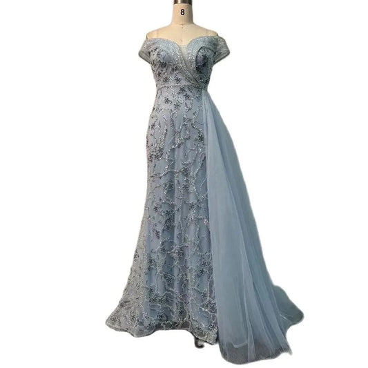 Vestidos de noche de lujo estilo sirena árabe con cuentas color cian, estilo Dubái, sexys, sin tirantes, para mujer, para boda, fiesta, LA72207 