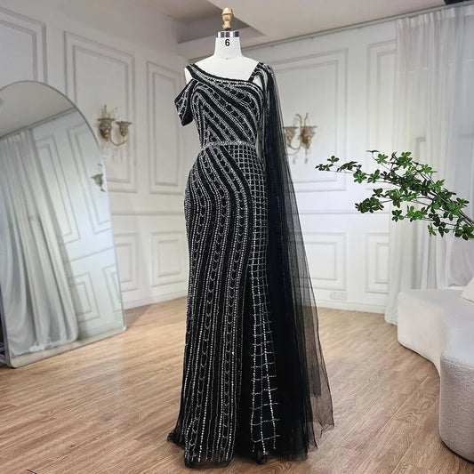 Vestido de noche de lujo estilo sirena con cuentas y capa larga negra árabe de Dubái para mujer, ideal para bodas 2025 LA72296 