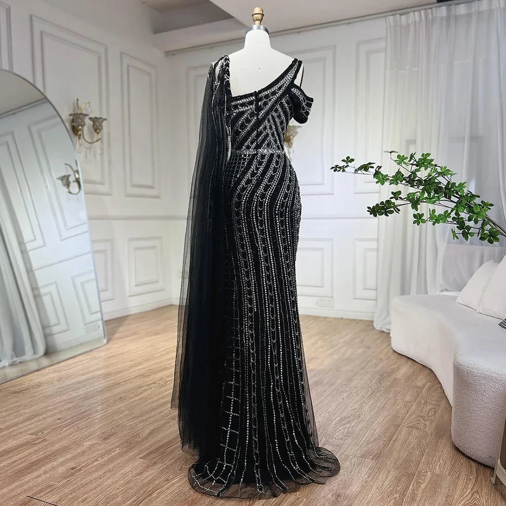 Vestido de noche de lujo estilo sirena con cuentas y capa larga negra árabe de Dubái para mujer, ideal para bodas 2025 LA72296 