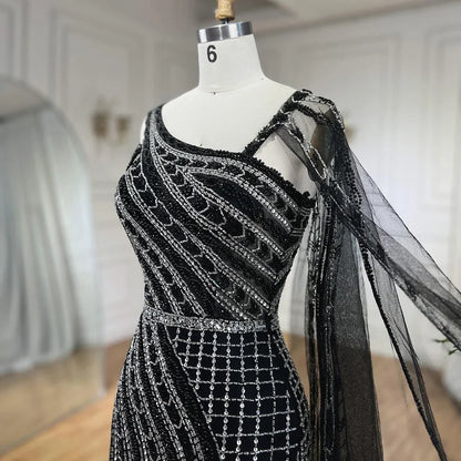 Vestido de noche de lujo estilo sirena con cuentas y capa larga negra árabe de Dubái para mujer, ideal para bodas 2025 LA72296 