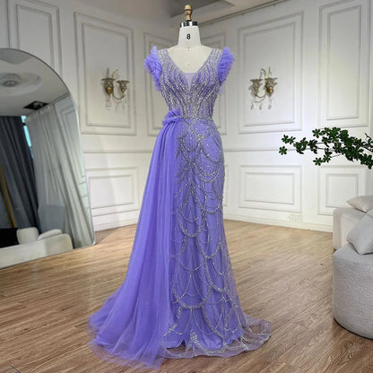 Vestidos de noche de lujo estilo sirena lila con sobrefalda y cuentas, estilo árabe de Dubái, para mujer, para boda, fiesta, 2025, LA72564 