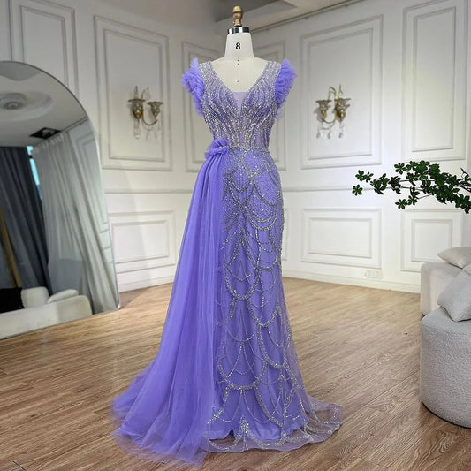 Vestidos de noche de lujo estilo sirena lila con sobrefalda y cuentas, estilo árabe de Dubái, para mujer, para boda, fiesta, 2025, LA72564 