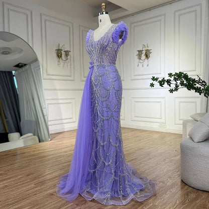 Vestidos de noche de lujo estilo sirena lila con sobrefalda y cuentas, estilo árabe de Dubái, para mujer, para boda, fiesta, 2025, LA72564 