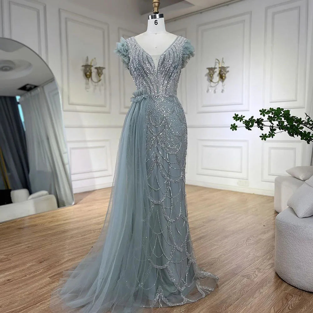 Vestidos de noche de lujo estilo sirena lila con sobrefalda y cuentas, estilo árabe de Dubái, para mujer, para boda, fiesta, 2025, LA72564 