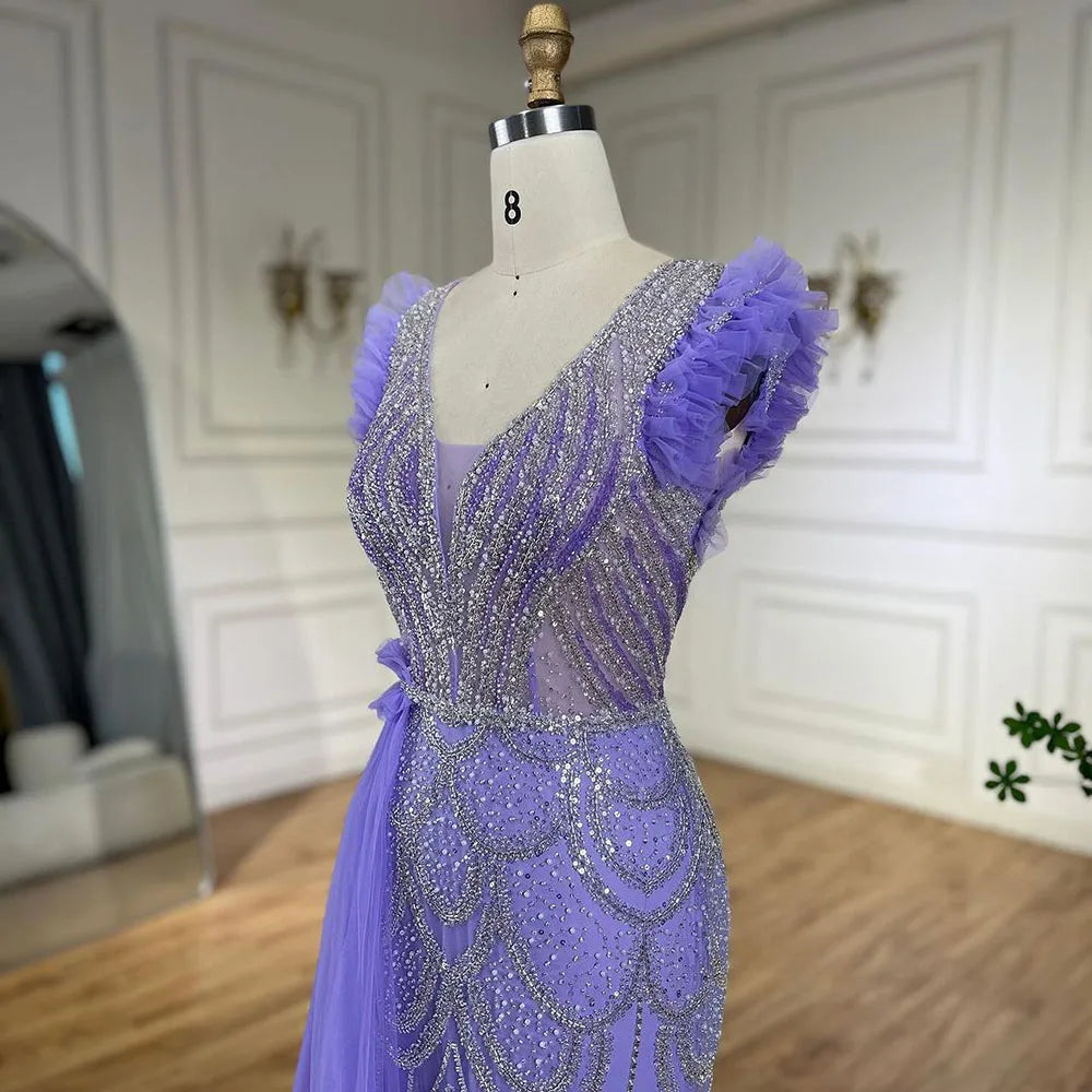 Vestidos de noche de lujo estilo sirena lila con sobrefalda y cuentas, estilo árabe de Dubái, para mujer, para boda, fiesta, 2025, LA72564 