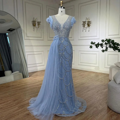 Vestidos de noche de lujo estilo sirena lila con sobrefalda y cuentas, estilo árabe de Dubái, para mujer, para boda, fiesta, 2025, LA72564 
