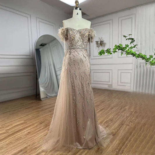 Vestidos de noche de lujo estilo sirena, estilo árabe, estilo Dubái, con escote barco y borlas de cuentas para mujer, para boda, fiesta, 2025, LA72260 
