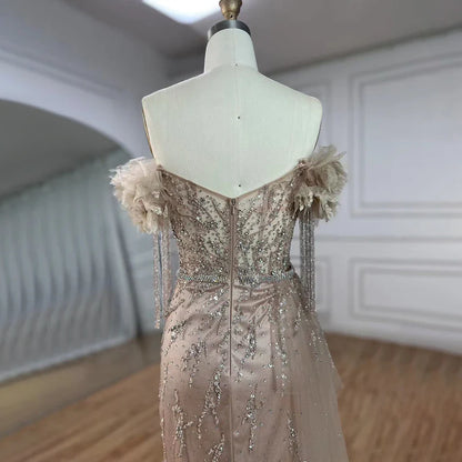 Vestidos de noche de lujo estilo sirena, estilo árabe, estilo Dubái, con escote barco y borlas de cuentas para mujer, para boda, fiesta, 2025, LA72260 