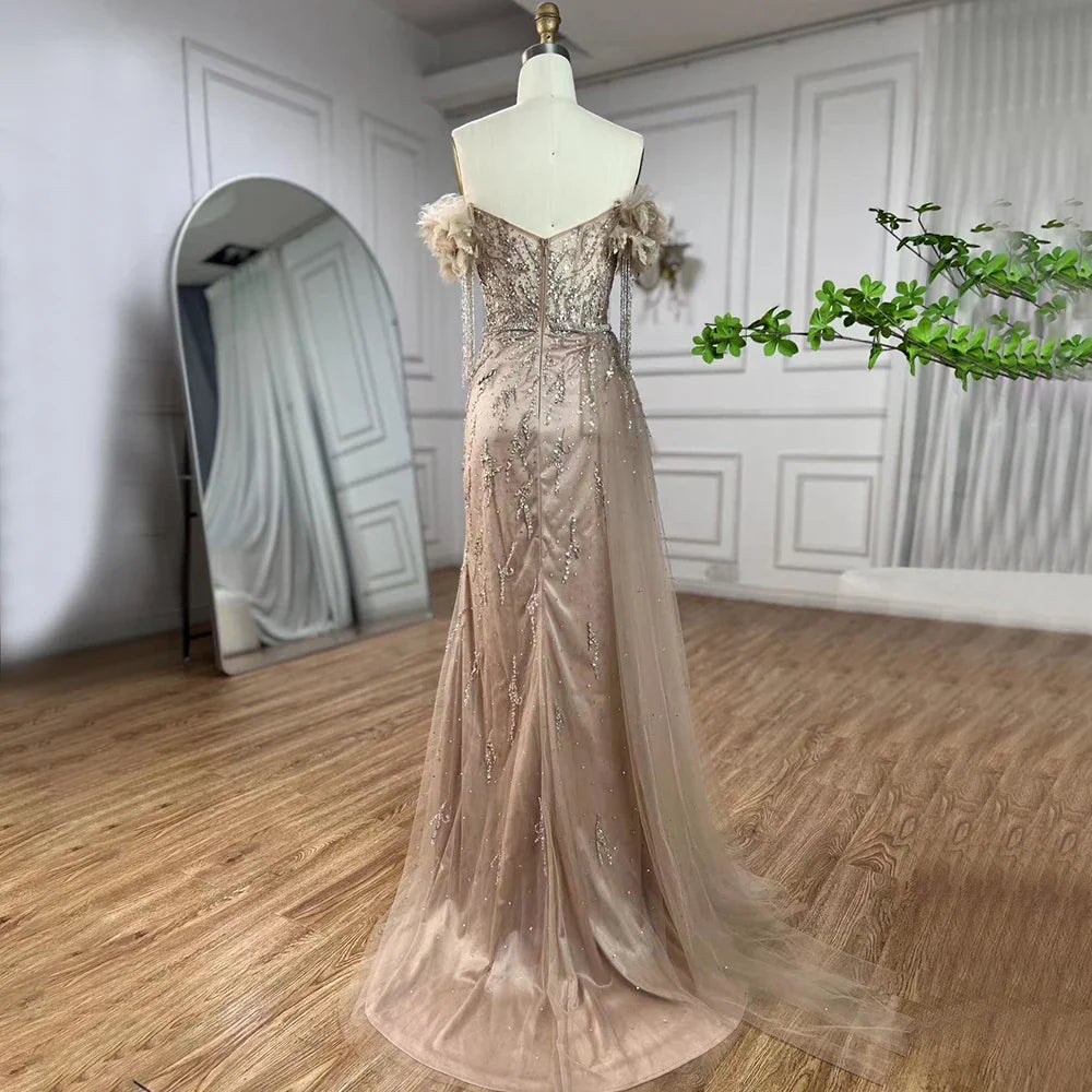 Arabisch Dubai Nude Mermaid Luxus Abendkleider Kleider Boot-ausschnitt Perlen Quaste Für Frauen Hochzeit Party 2025 LA72260 