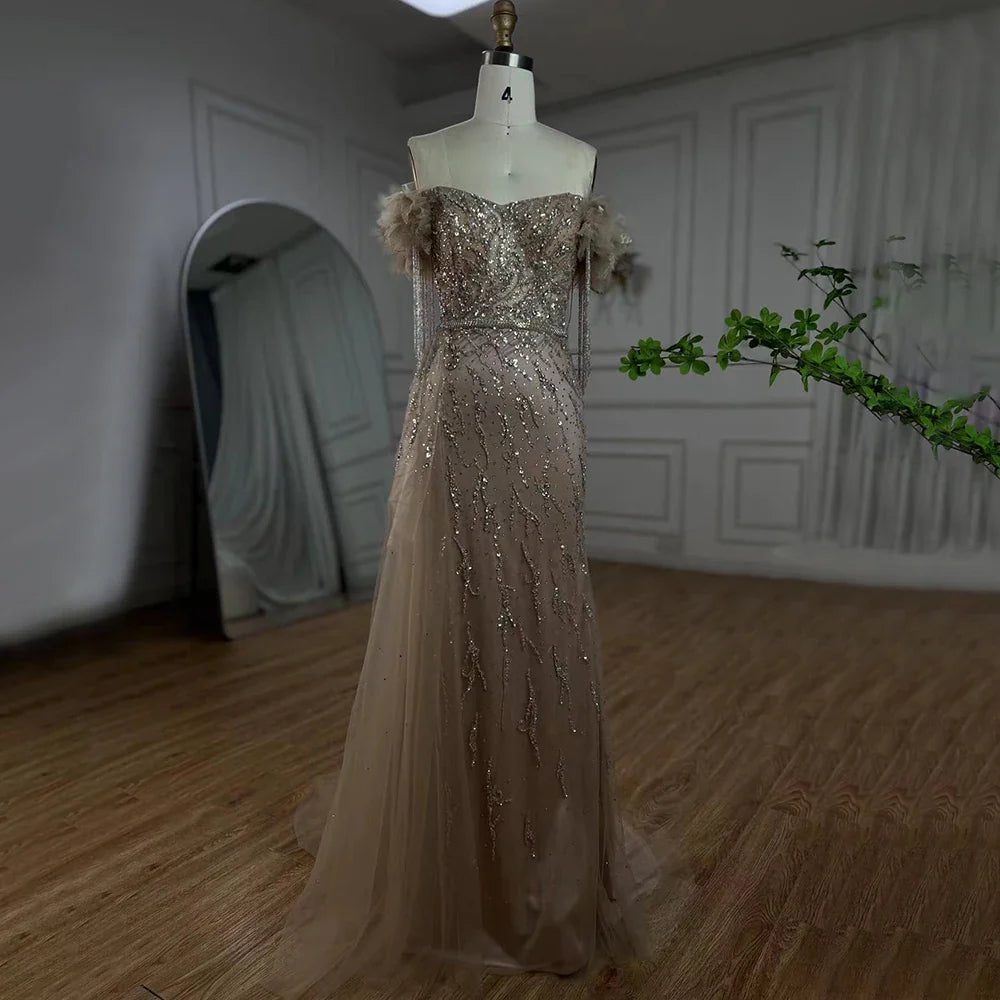 Arabisch Dubai Nude Mermaid Luxus Abendkleider Kleider Boot-ausschnitt Perlen Quaste Für Frauen Hochzeit Party 2025 LA72260 