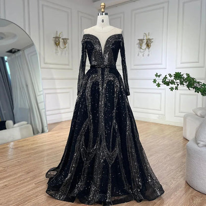 Vestidos de noche árabes elegantes negros de corte A con cuentas brillantes de lujo de Dubái para mujer, vestidos de fiesta de boda 2025 LA72566 