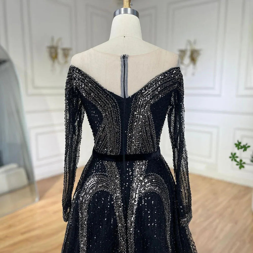 Vestidos de noche árabes elegantes negros de corte A con cuentas brillantes de lujo de Dubái para mujer, vestidos de fiesta de boda 2025 LA72566 