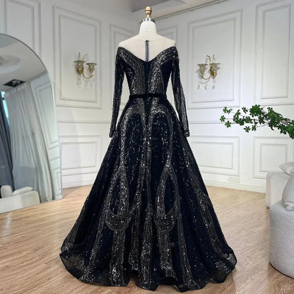 Vestidos de noche árabes elegantes negros de corte A con cuentas brillantes de lujo de Dubái para mujer, vestidos de fiesta de boda 2025 LA72566 