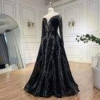 Arabic Elegant Black A Line Shiny Beaded Luxury Dubai Evening Dresses Gowns For Women Wedding Party 2025 LA72566