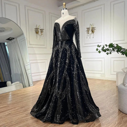 Vestidos de noche árabes elegantes negros de corte A con cuentas brillantes de lujo de Dubái para mujer, vestidos de fiesta de boda 2025 LA72566 