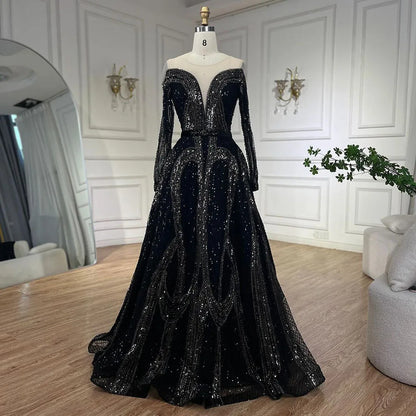Vestidos de noche árabes elegantes negros de corte A con cuentas brillantes de lujo de Dubái para mujer, vestidos de fiesta de boda 2025 LA72566 