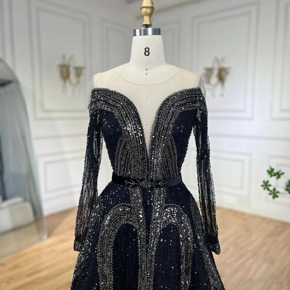 Vestidos de noche árabes elegantes negros de corte A con cuentas brillantes de lujo de Dubái para mujer, vestidos de fiesta de boda 2025 LA72566 