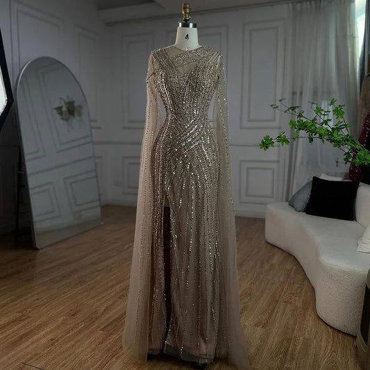 Vestidos de noche árabes elegantes con mangas tipo capa, estilo sirena, color nude, estilo Dubái, con cuentas, de lujo, para mujer, fiesta, 2025, LA71429B 