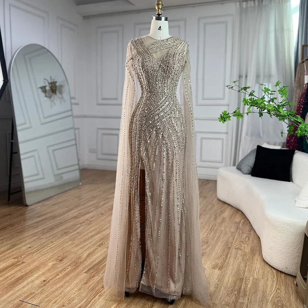 Vestidos de noche árabes elegantes con mangas tipo capa, estilo sirena, color nude, estilo Dubái, con cuentas, de lujo, para mujer, fiesta, 2025, LA71429B 
