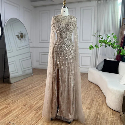 Vestidos de noche árabes elegantes con mangas tipo capa, estilo sirena, color nude, estilo Dubái, con cuentas, de lujo, para mujer, fiesta, 2025, LA71429B 