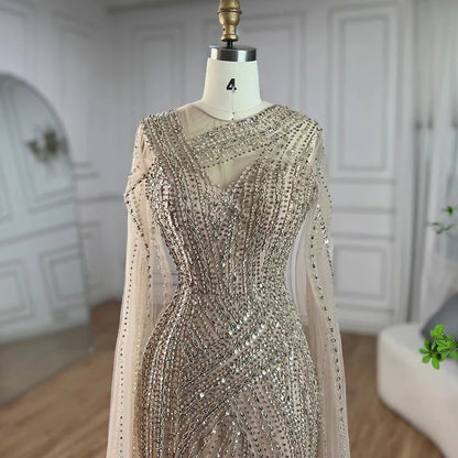 Vestidos de noche árabes elegantes con mangas tipo capa, estilo sirena, color nude, estilo Dubái, con cuentas, de lujo, para mujer, fiesta, 2025, LA71429B 