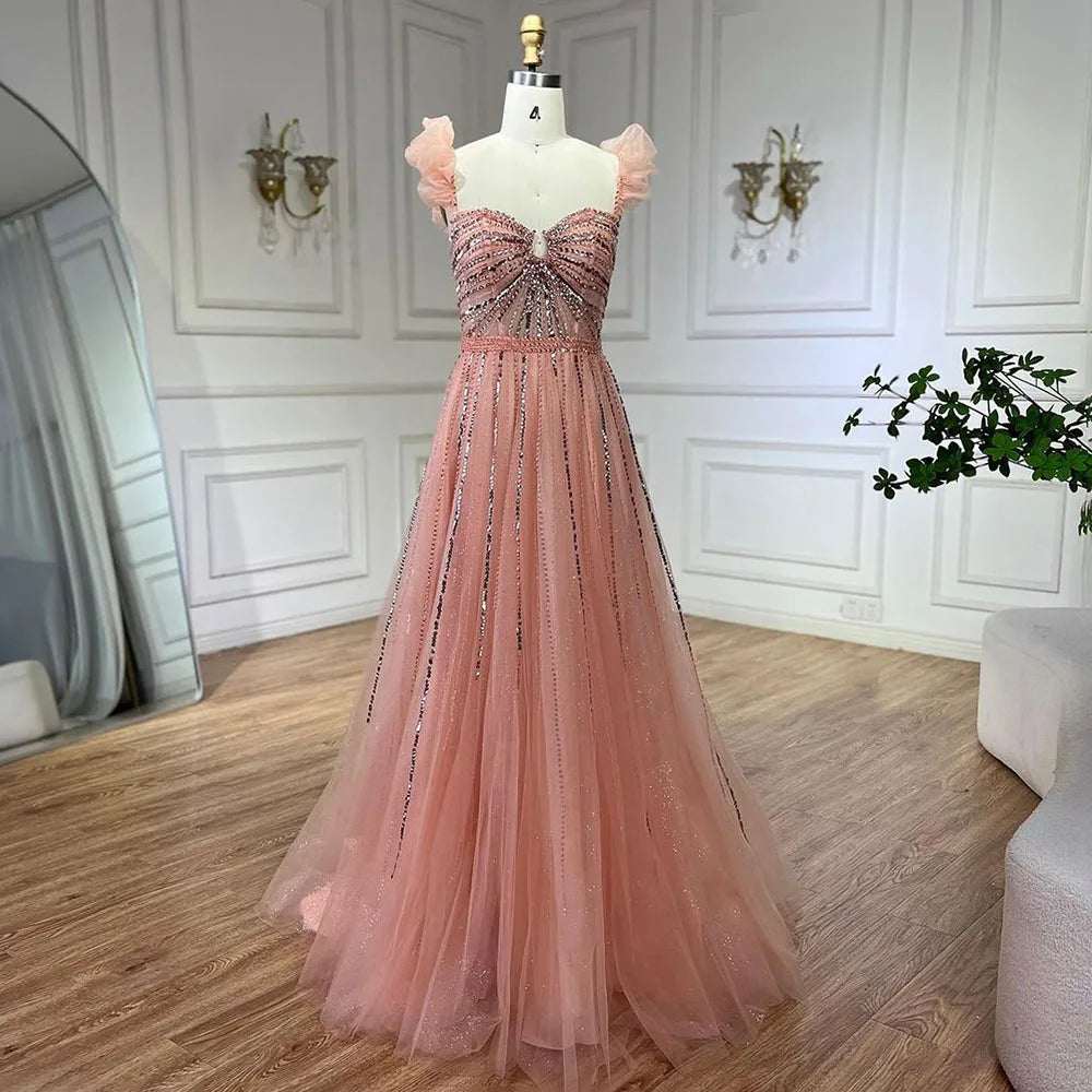 Arabisches elegantes pfirsichfarbenes Perlen-A-Linien-Abendkleid 2025 mit U-Boot-Ausschnitt, Luxuskleid für Frauen, langes Partykleid LA72324