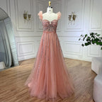 Arabisches elegantes pfirsichfarbenes Perlen-A-Linien-Abendkleid 2025 mit U-Boot-Ausschnitt, Luxuskleid für Frauen, langes Partykleid LA72324