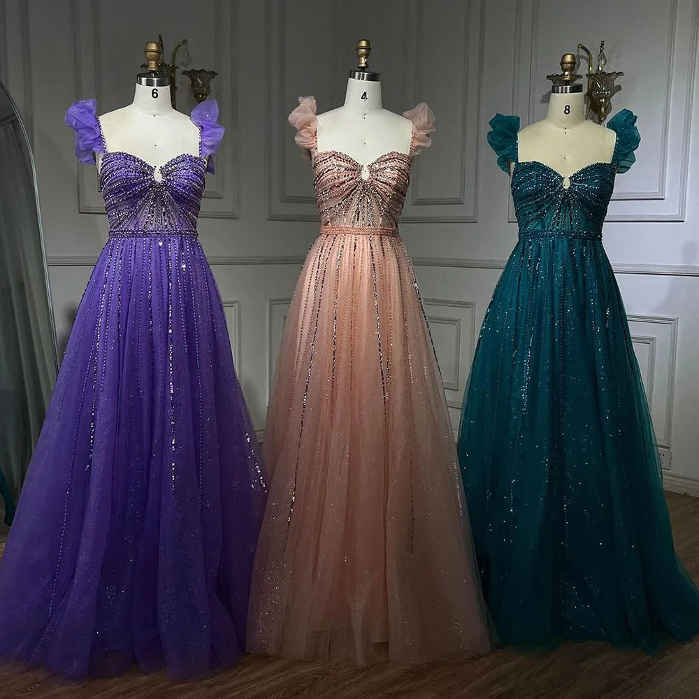 Arabic Elegant Peach Beaded A-Line Evening Gown 2025 Boat Neck Luxury Dress for Women Long Party Dress LA72324