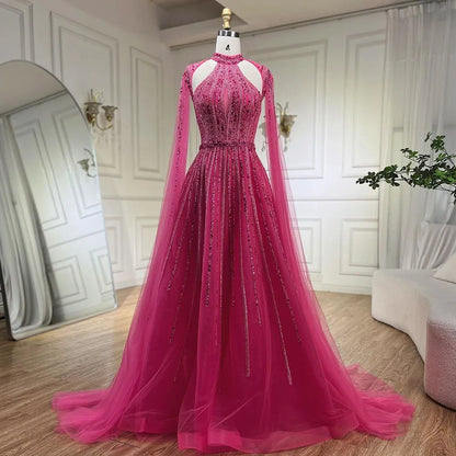 Vestidos de noche árabes fucsias con mangas abullonadas y cuentas de lujo para mujer, vestidos de fiesta de boda 2025 LA72306 