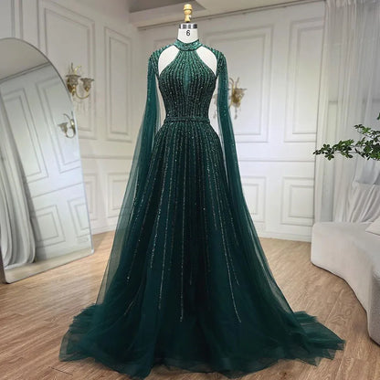 Vestidos de noche árabes fucsias con mangas abullonadas y cuentas de lujo para mujer, vestidos de fiesta de boda 2025 LA72306 