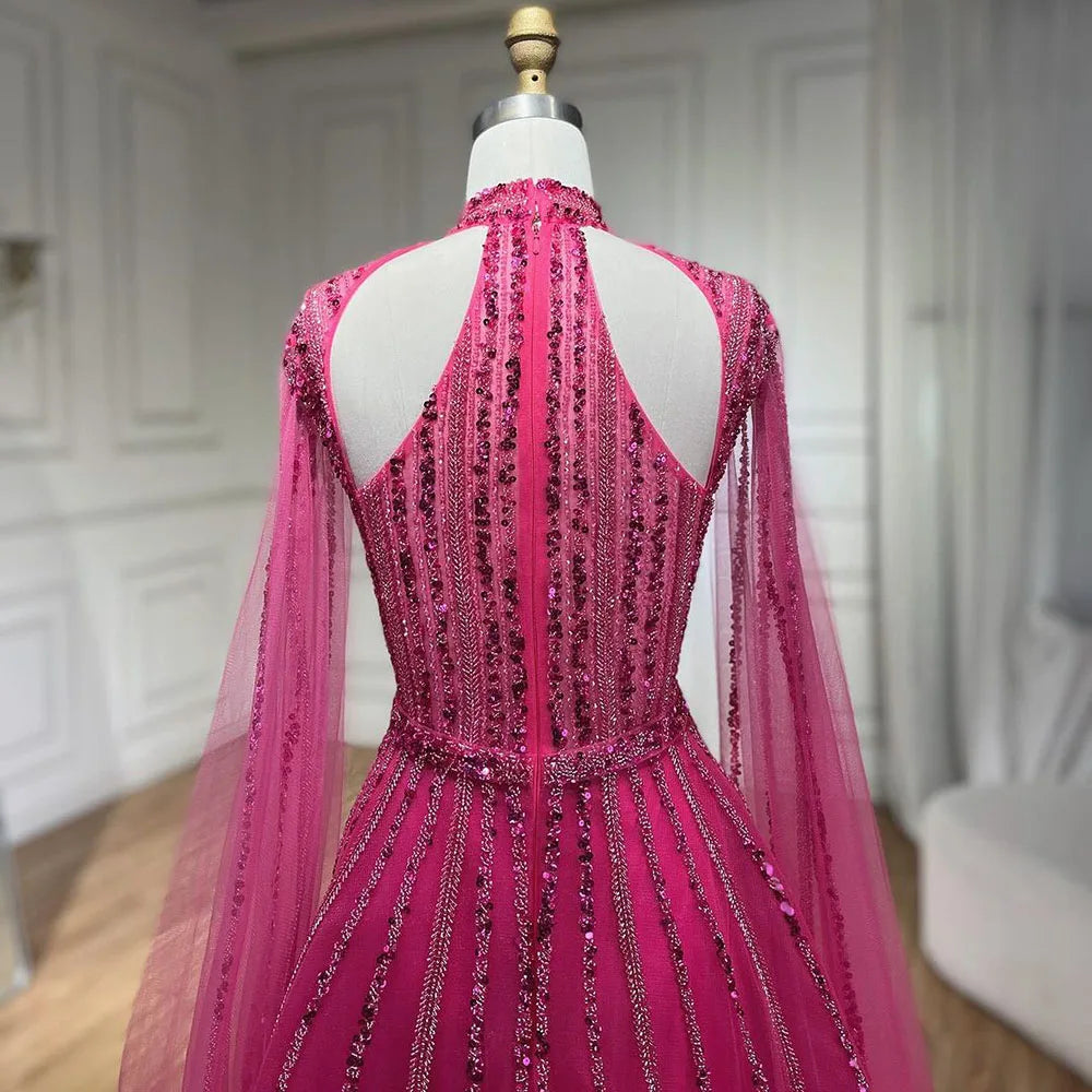 Vestidos de noche árabes fucsias con mangas abullonadas y cuentas de lujo para mujer, vestidos de fiesta de boda 2025 LA72306 