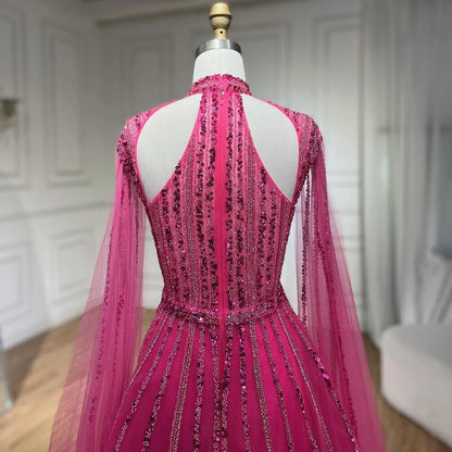 Vestidos de noche árabes fucsias con mangas abullonadas y cuentas de lujo para mujer, vestidos de fiesta de boda 2025 LA72306 