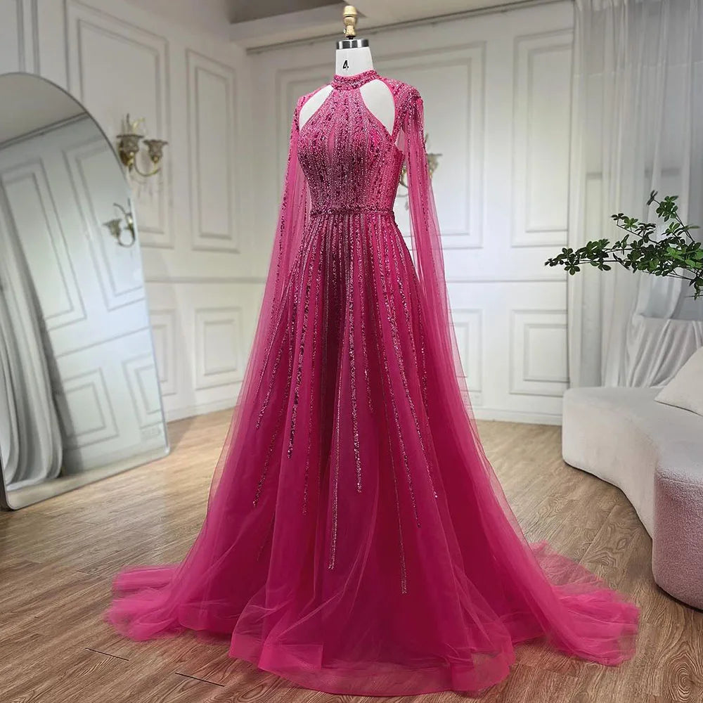 Vestidos de noche árabes fucsias con mangas abullonadas y cuentas de lujo para mujer, vestidos de fiesta de boda 2025 LA72306 