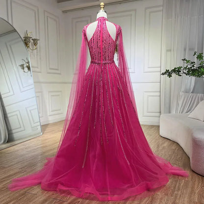 Vestidos de noche árabes fucsias con mangas abullonadas y cuentas de lujo para mujer, vestidos de fiesta de boda 2025 LA72306 