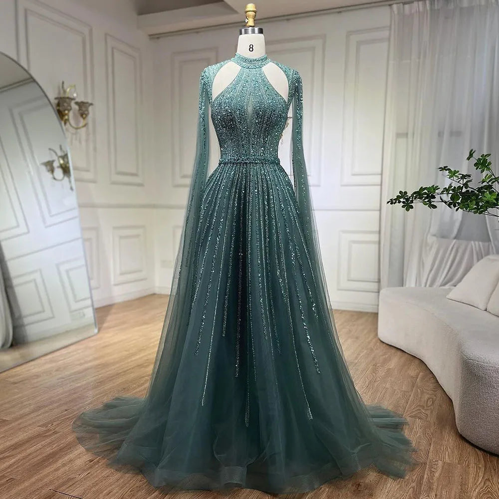 Vestidos de noche árabes fucsias con mangas abullonadas y cuentas de lujo para mujer, vestidos de fiesta de boda 2025 LA72306 